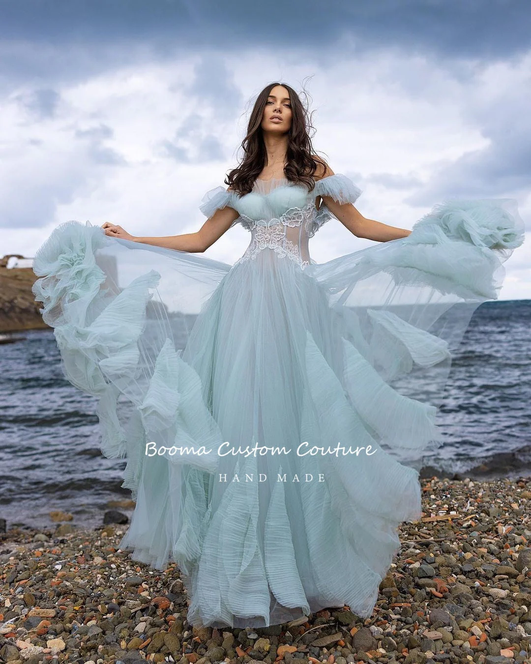 Graduation Gifts Off Shoulder Pleated Tulle Prom Dresses Illusion Inverted Basque Appliques Ruffles A-Line Evening Gowns Formal Party Gowns - Deanwangkt