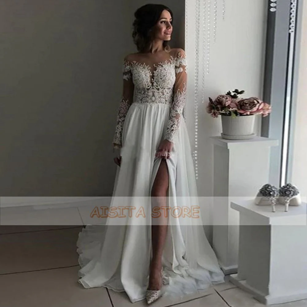 Lace Appliques Wedding Dresses  Off the Shoulder A-Line High Side Slit Long Sleeve Chiffon Court Train Beach Bridal Gowns - Deanwangkt