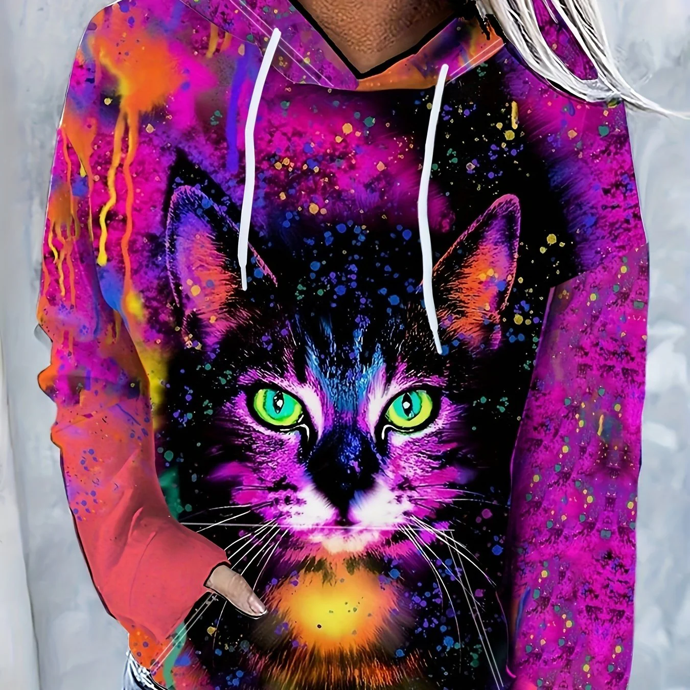 deanwangkt-1  3D Cat Graphic Sports Hooded Sweatshirts, Casual Drawstring Hoodies With Front Pocket, Women's Sporty Sweatshirts (Without Fleece) - Deanwangkt