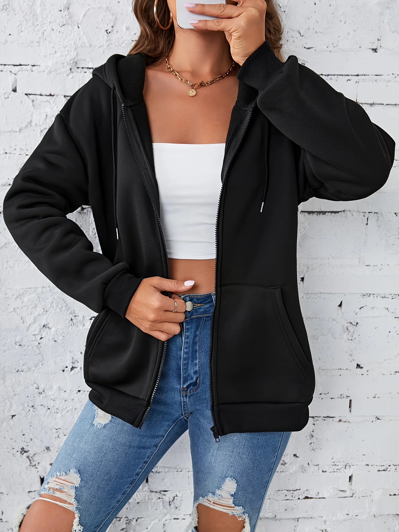 deanwangkt-1  Plain Long Sleeves Hooded Sweatshirt Jacket, Full Zipper Long Sleeves Fleece Liner Sporty Coat, Women's Activewear - Deanwangkt