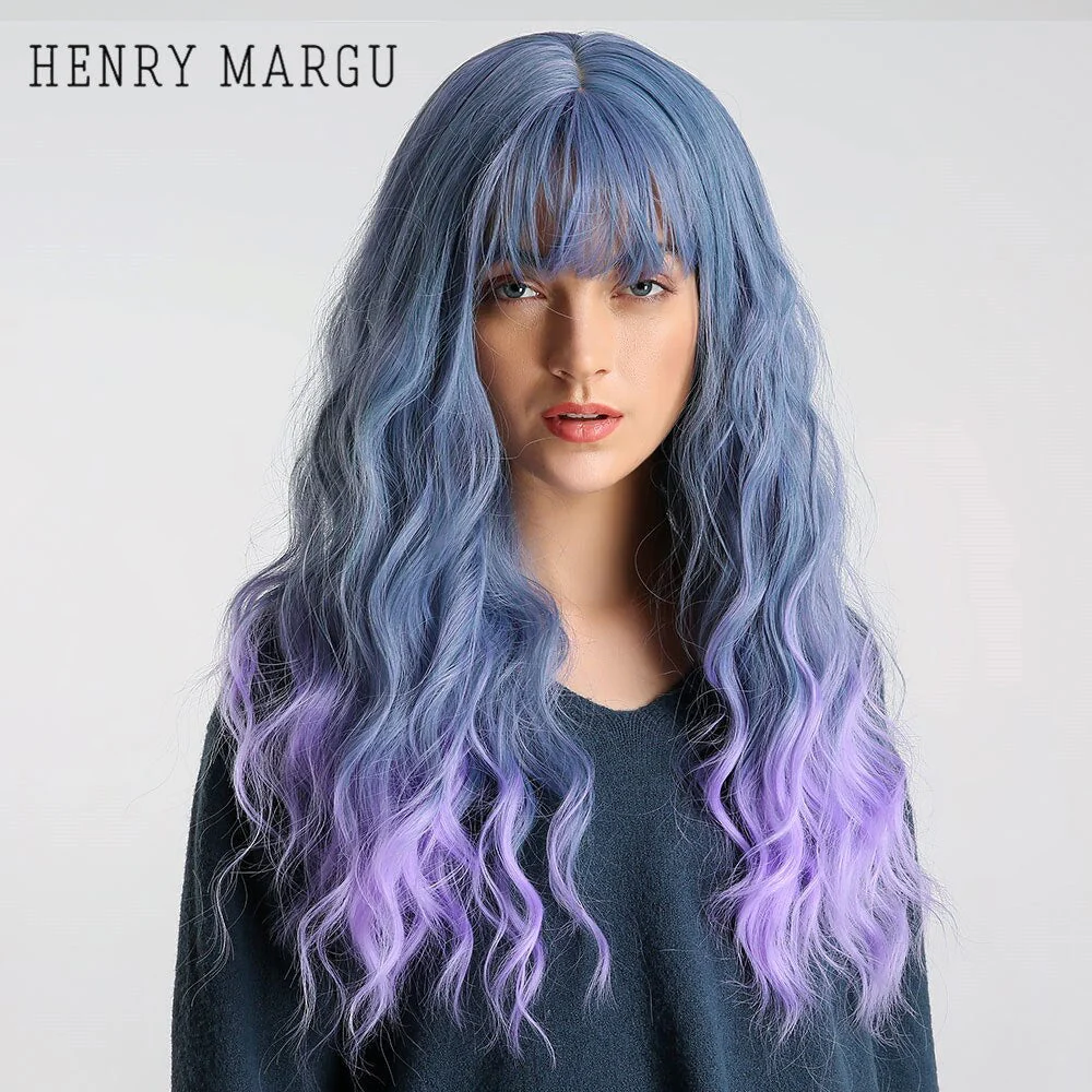 Pure Blonde Synthetic Hair Wigs Long Water Wave Wig for Women Colored Cosplay Lolita Wig with Bangs Heat Resistant - Deanwangkt