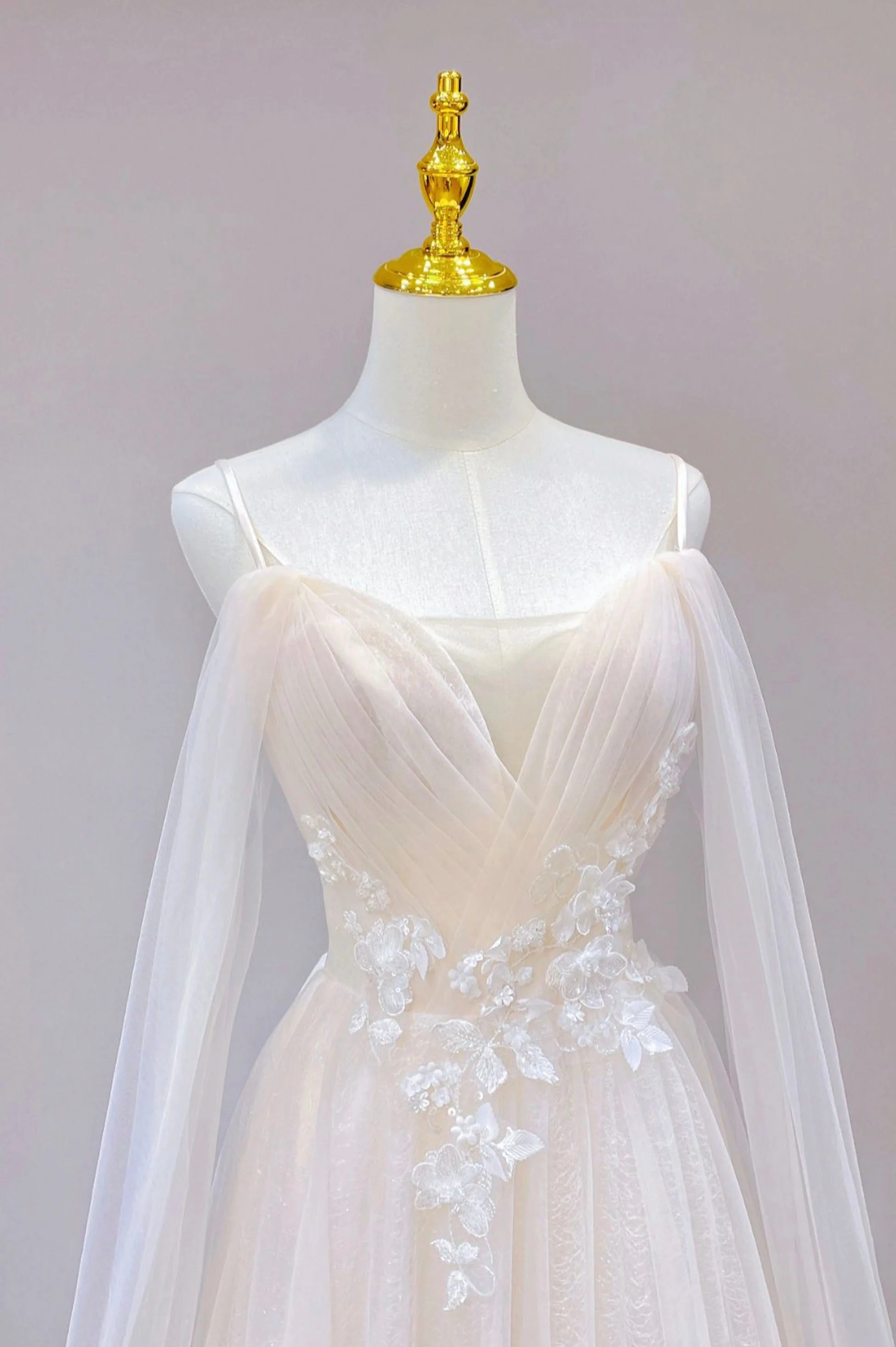 solvbao Champagne Tulle Long Prom Dress, Lovely Lace Formal Evening Dress - Deanwangkt