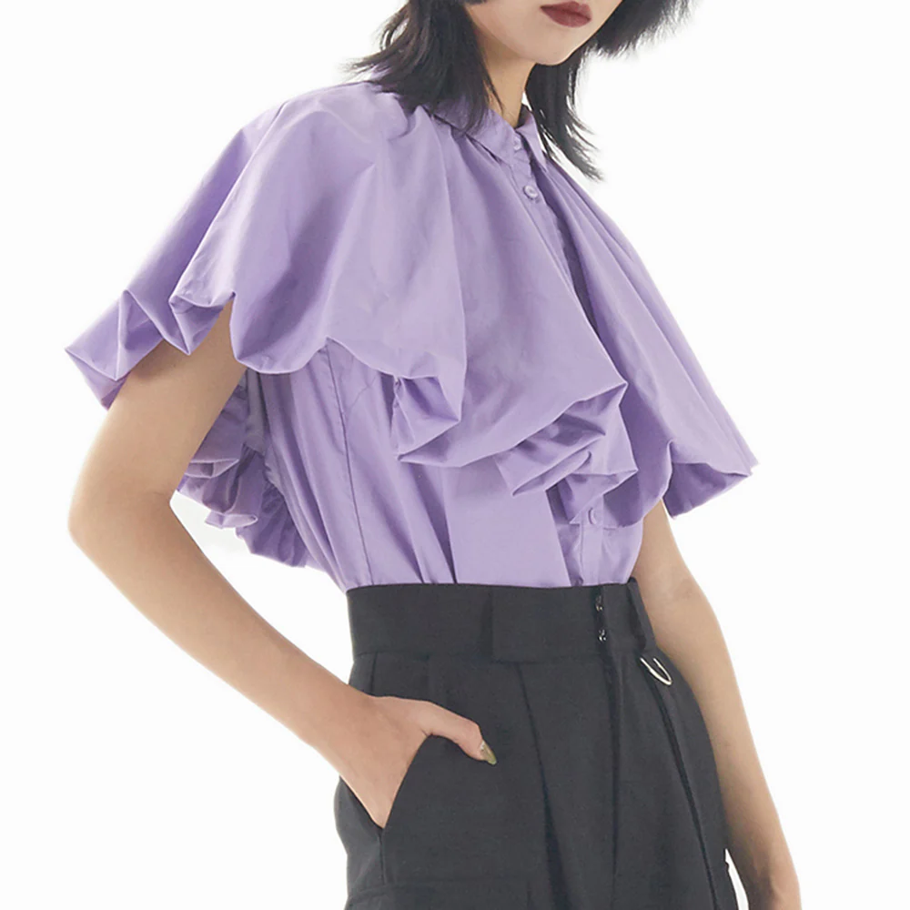 deanwangkt Straight Shirt For Women Lapel Short Sleeve Ruffle Trim Solid Loose Blouses Female Summer Clothing Style New - Deanwangkt