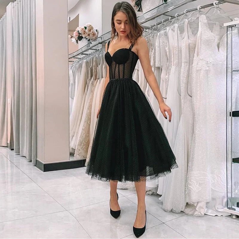 AE759 Black Polka Dot Tulle Short Prom Dresses Velour Tea Length Evening Gown  Hot Sale Women Wedding Party Dresses - Deanwangkt