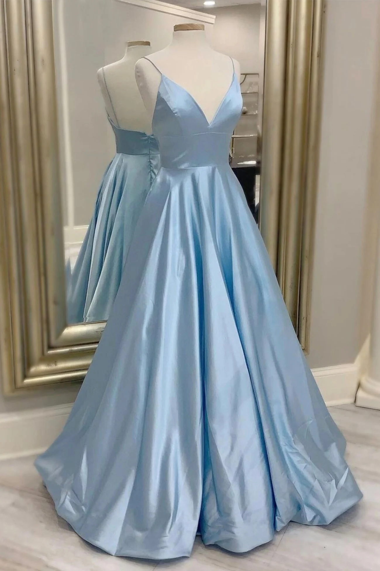 solvbao Blue V-Neck Satin Long Prom Dresses, Simple A-Line Evening Dresses - Deanwangkt