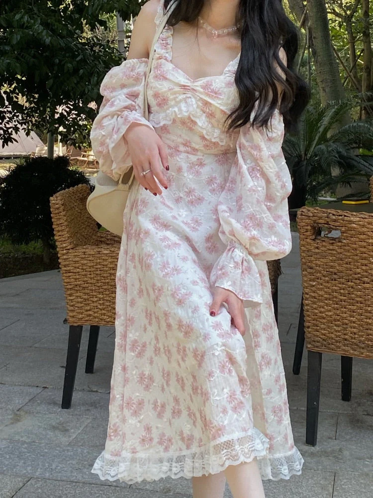 deanwangkt Floral France Vintage Elegant Dress Women Print Korean Sweet Party Midi Dresses Off Shoulder Sexy Beach Split Dress Summer - Deanwangkt