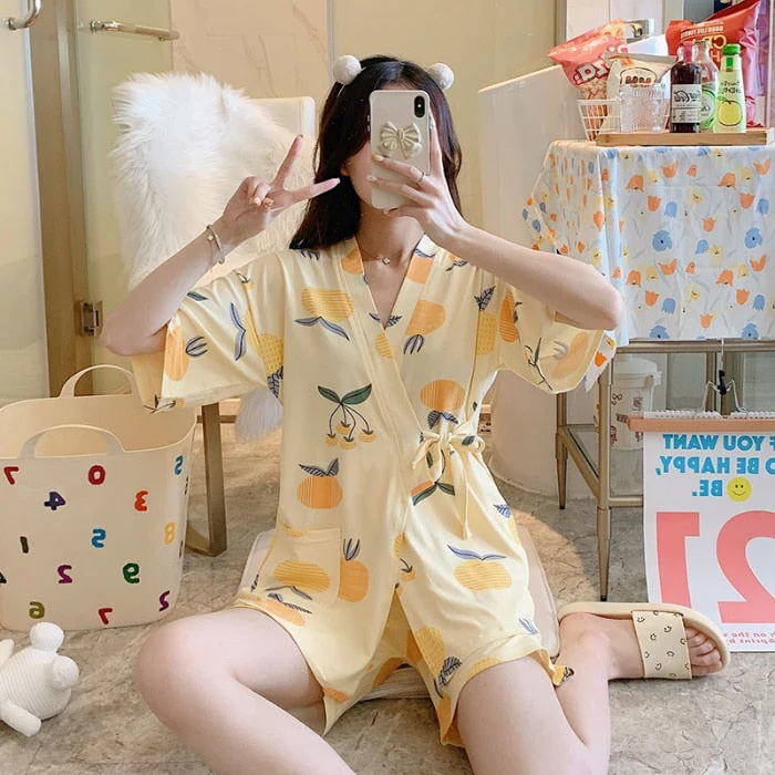 deanwangkt Summer Short pink Pajamas For Women Cute Girl Sleepwear Kimono Pajama Sets Pyjamas Casual Sleepwear Homewear Lounge Fashion - Deanwangkt