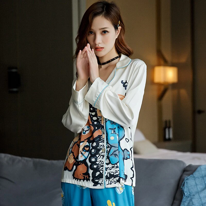 Women's Pajamas Set Luxury Style Cute Animal Print Sleepwear Silk Like Nightie Home Clothes Nightwear Pyjamas Femme - Deanwangkt