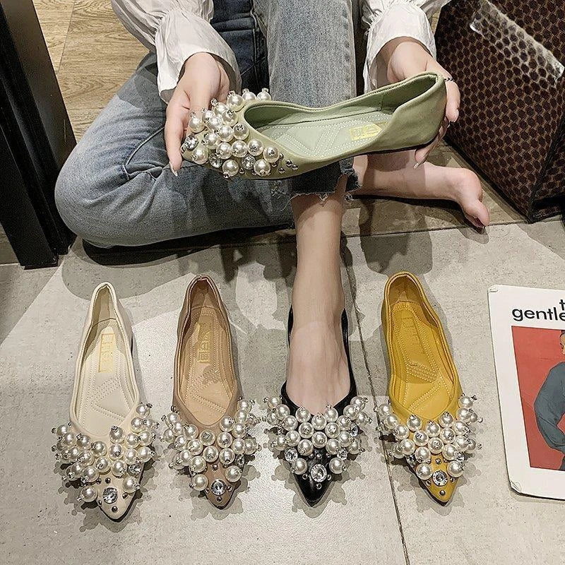 deanwangkt Elegant Ladies Pointed Flat Shoes  Spring Shallow Water Drill Pearl Buckle Soft Bottom Plus Size Comfortable Women's Shoes - Deanwangkt