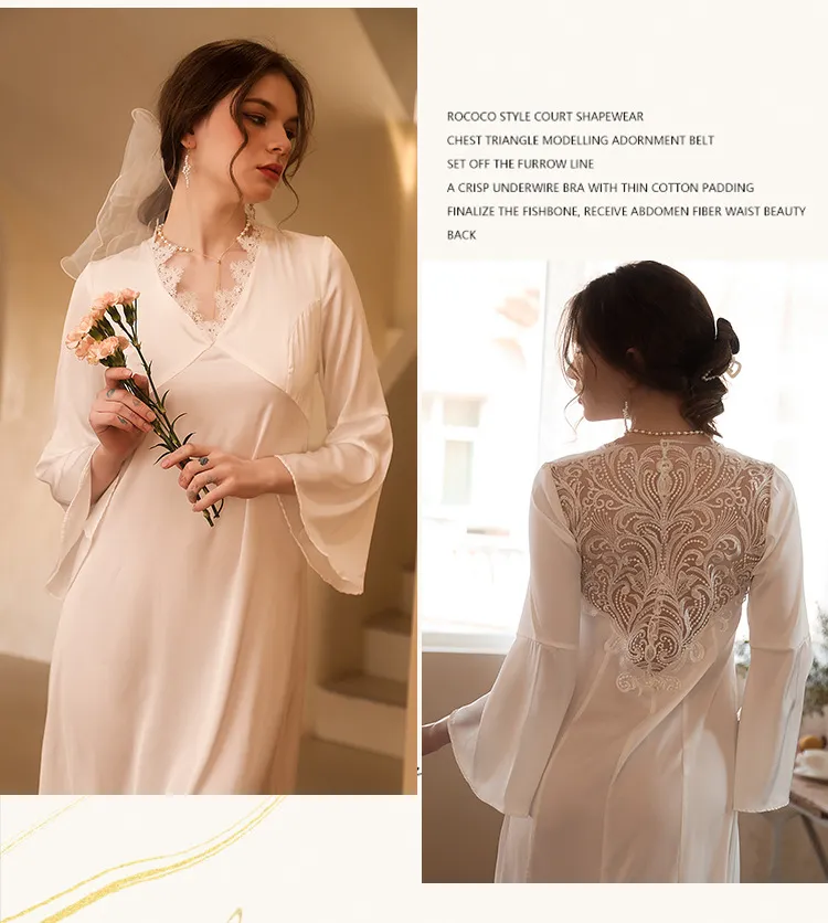 deanwangkt Long Tailing Nightgown Women Wedding Robe Elegant Lace Embroider Sleepwear Bride Banquet Dressing Gown Flare Sleeve Kimono - Deanwangkt