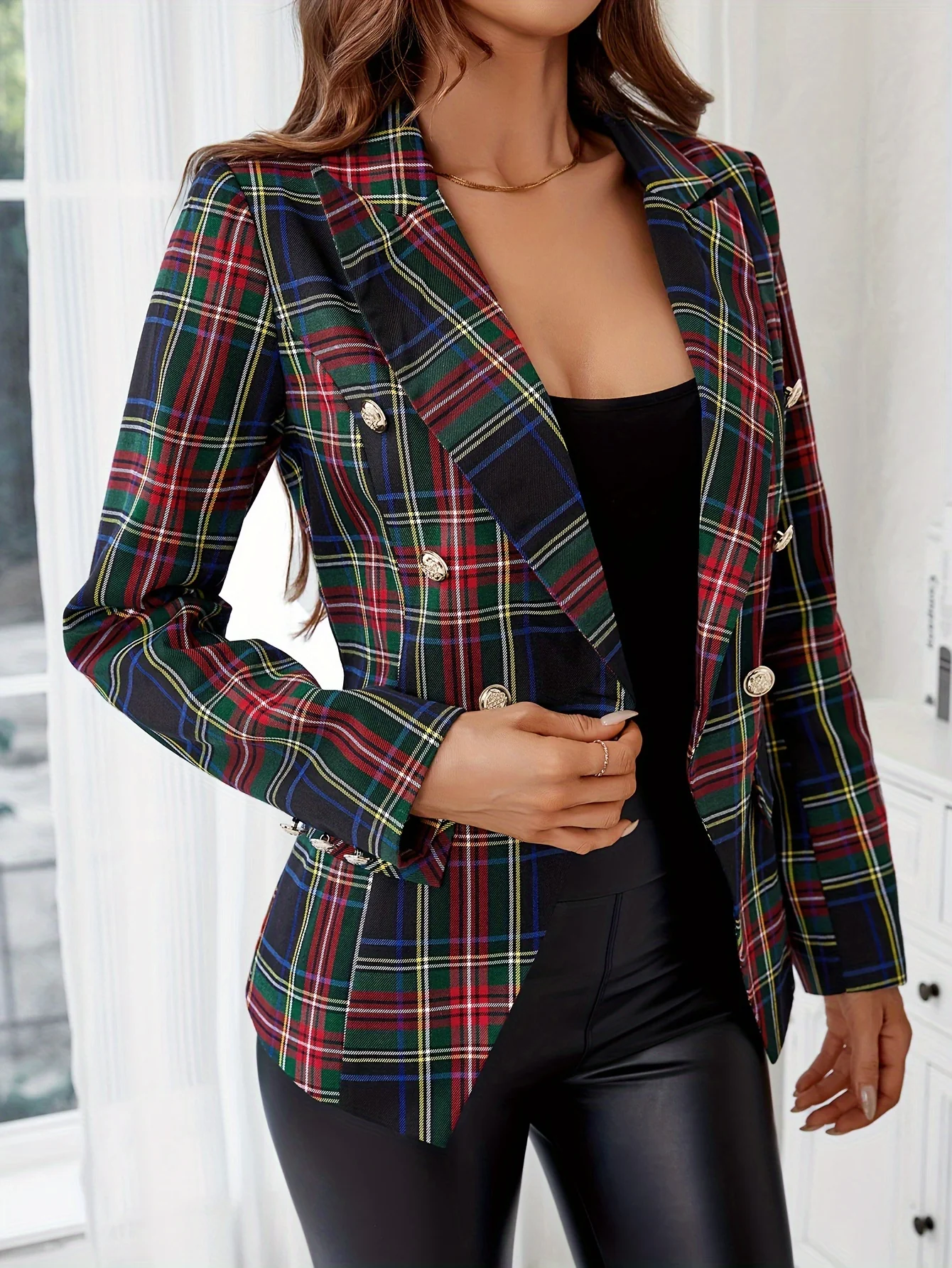 deanwangkt-1 Plaid Print Lapel Blazer, Casual Double Breasted Long Sleeve Outerwear, Women's Clothing - Deanwangkt