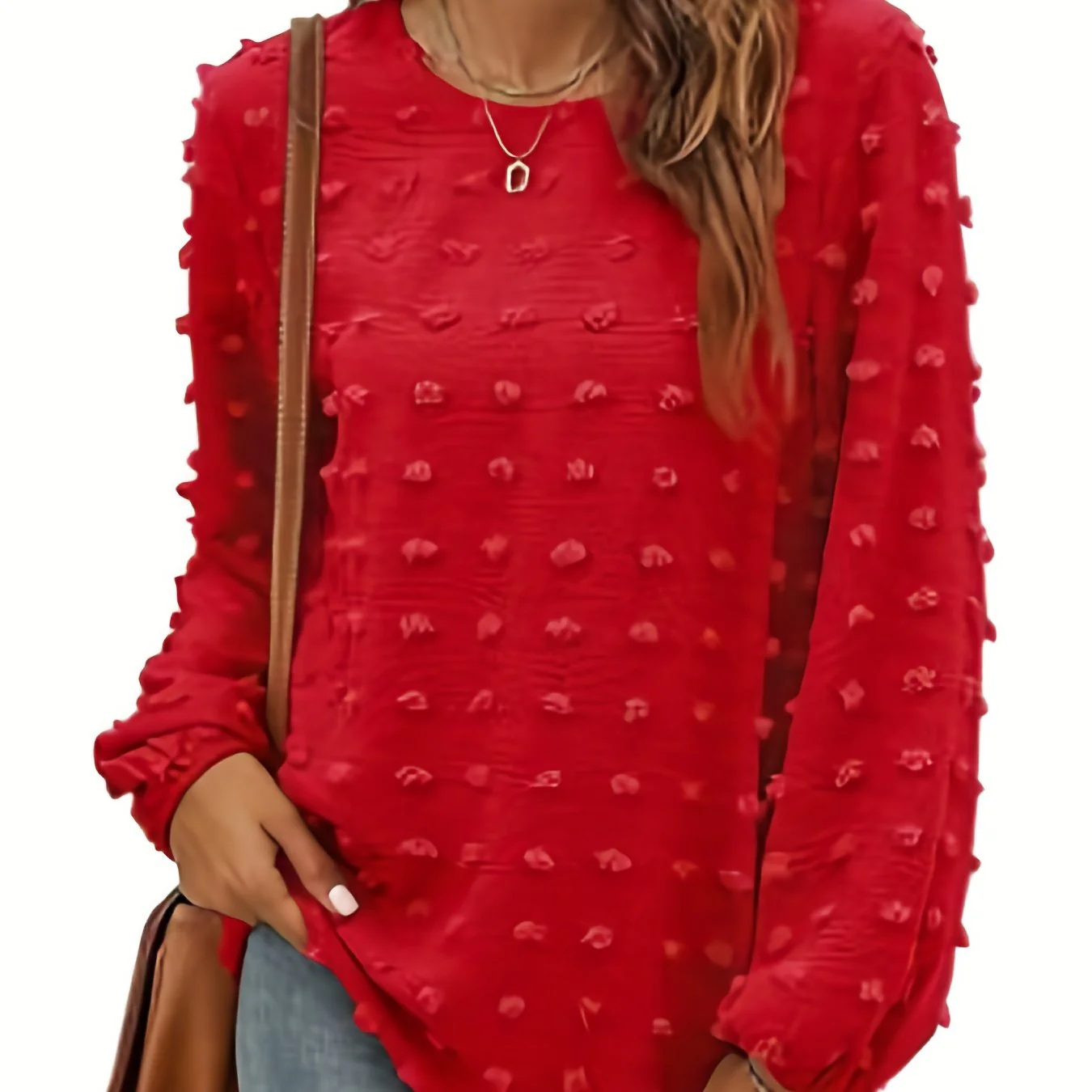 Plus Size Casual Top, Women's Plus Solid Swiss Dot Lantern Sleeve Round Neck Tunic Top - Deanwangkt