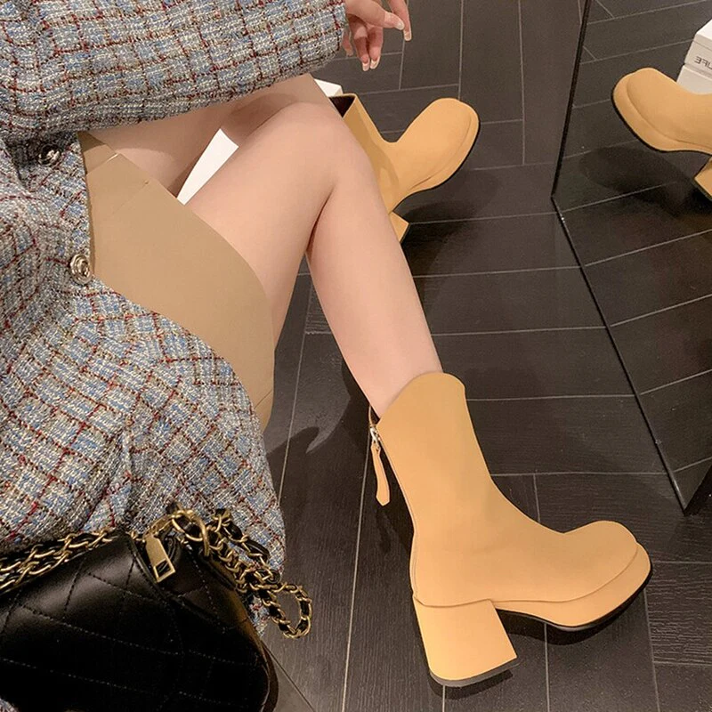 deanwangkt Autumn Shoes    New Fall/Spring Women Shoes Split Leather Platform Shoes Women Round Toe Chunky Boots for Women Concise Solid Black Modern Boots - Deanwangkt