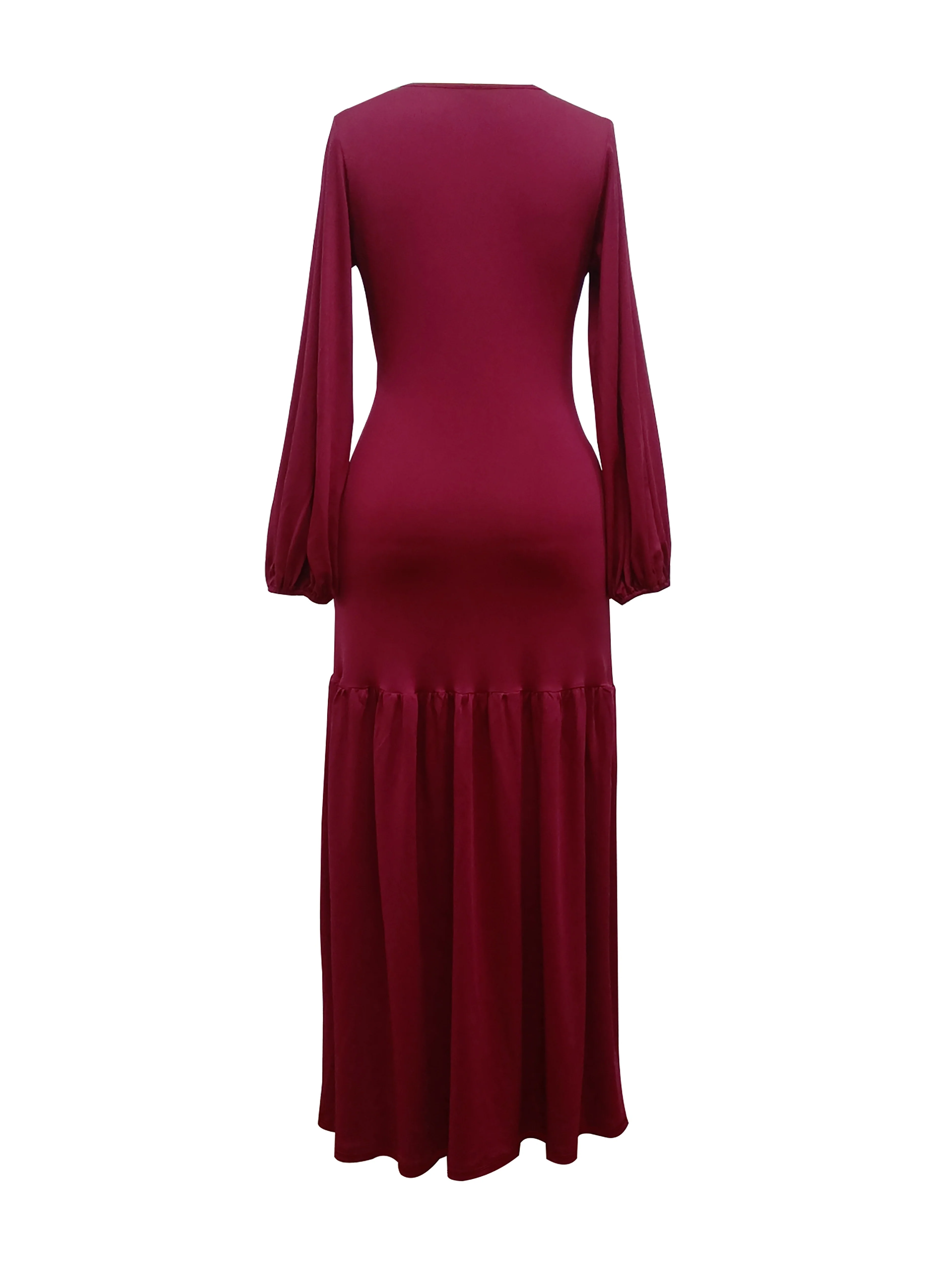 Ruched Solid Dress, Elegant V Neck Lantern Long Sleeve Maxi Party Dress, Women's Clothing - Deanwangkt