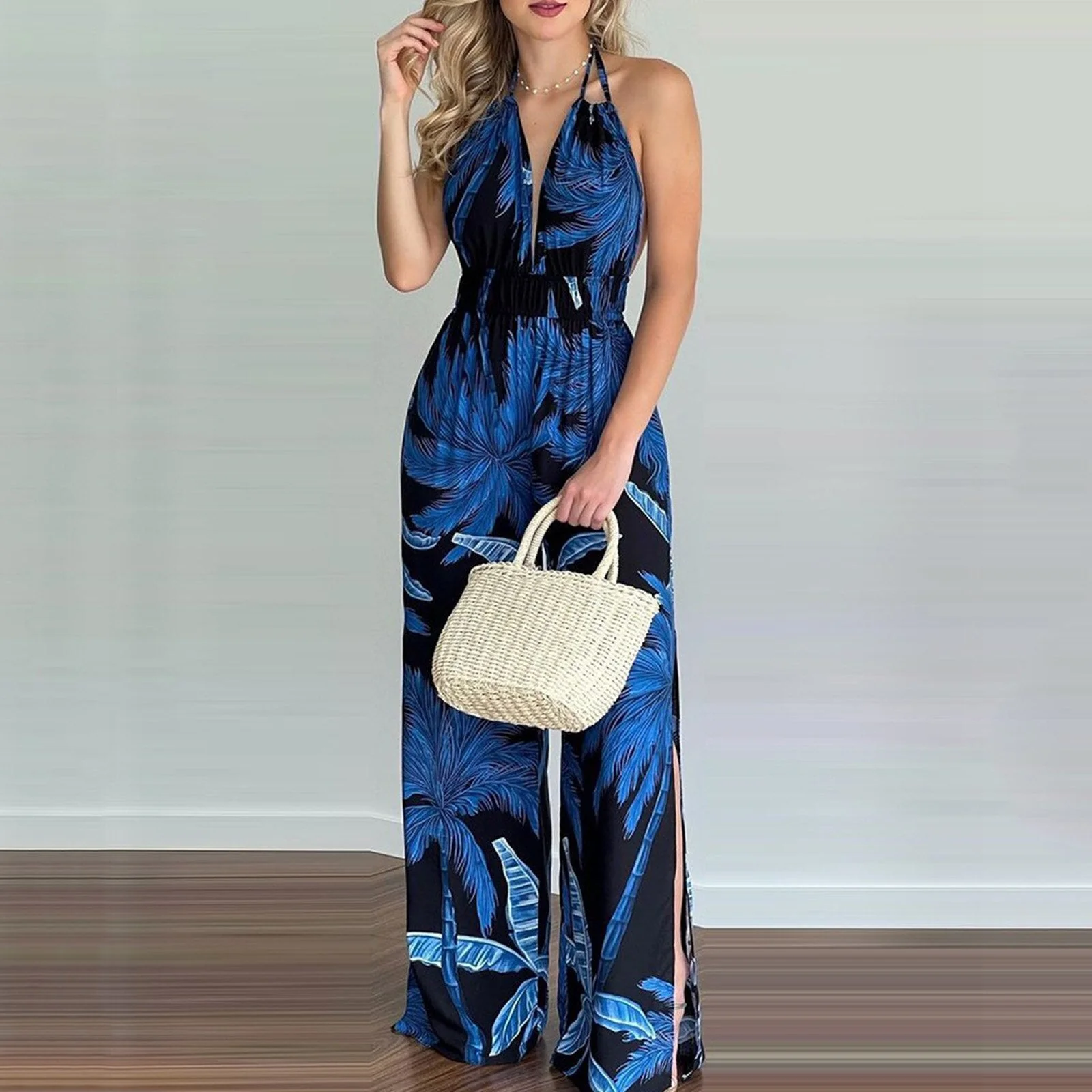 deanwangkt Sexy Off Shoulder Spaghetti Strap Jumpsuit Woman Flower Print Backless Long Wide Leg Jumpsuits For Women One Piece Rompers - Deanwangkt