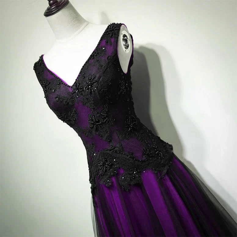 Solvbao A-line Black and Purple Tulle V-neckline Beaded Prom Dress, Black Tulle Formal Dress - Deanwangkt