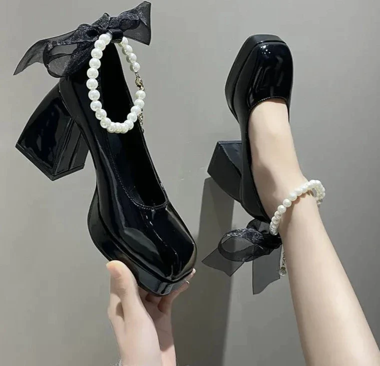 deanwangkt New Pearls Strap Square Heels Pumps Women Shoes Fashion Pu Leather Platform Mary Janes Woman High Heels Party Wedding Shoes - Deanwangkt