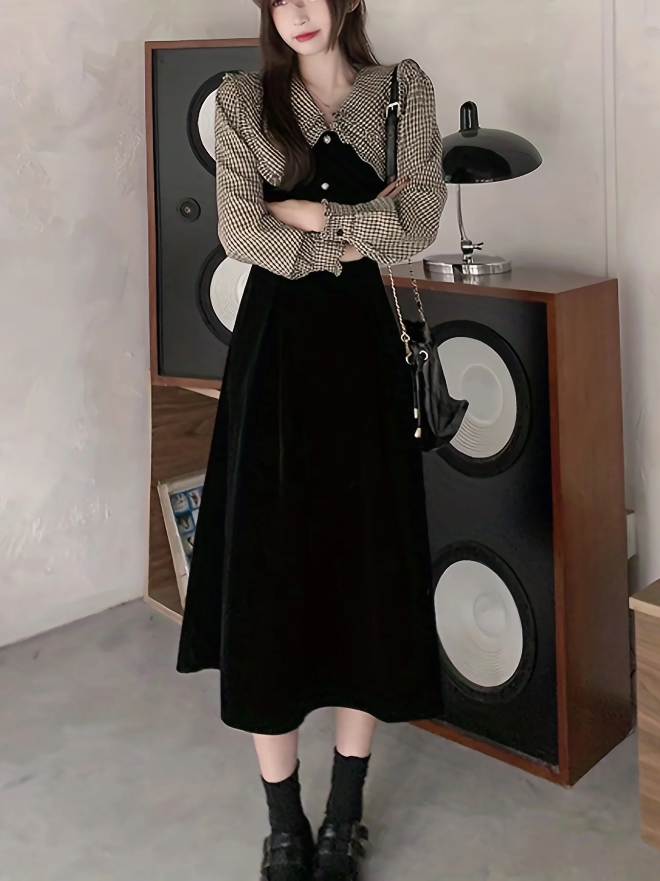 deanwangkt-1  Plaid Print Splicing Dress, Elegant V Neck Long Sleeve Midi Dress, Women's Clothing - Deanwangkt