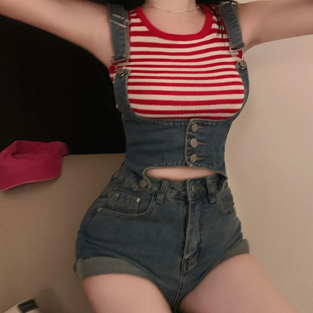 deanwangkt Overalls Jeans XL Denim Pants Pocket Button Casual Sling Shorts Jumpsuit Skinny Trousers Strap Buttons Bib Suspenders For Women - Deanwangkt