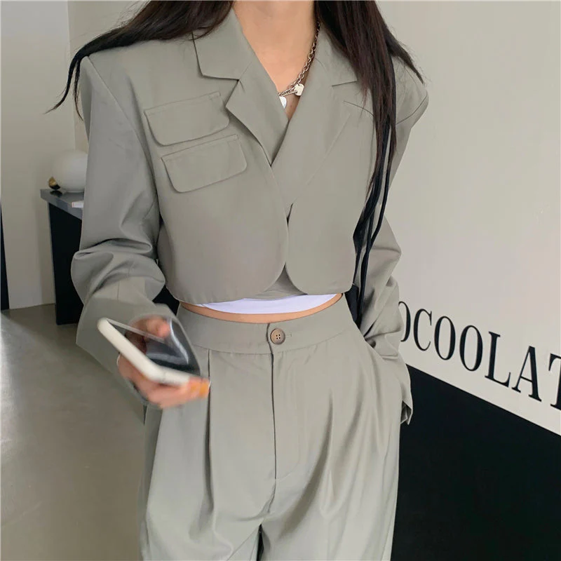 Korean summer Two Piece Set Women Crop Top Sexy Lace-up Blazer Coat + High Waist Pants Suit Sets Streetwear 2 Piece Sets Women - Deanwangkt