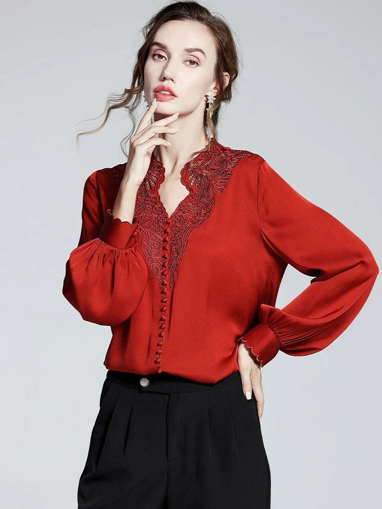 deanwangkt V Neck Shirts Long Sleeve Embroidery Blouse Women Hollow Out Tops Spring  Office Lady Solid Loose Clothes New 20645 - Deanwangkt