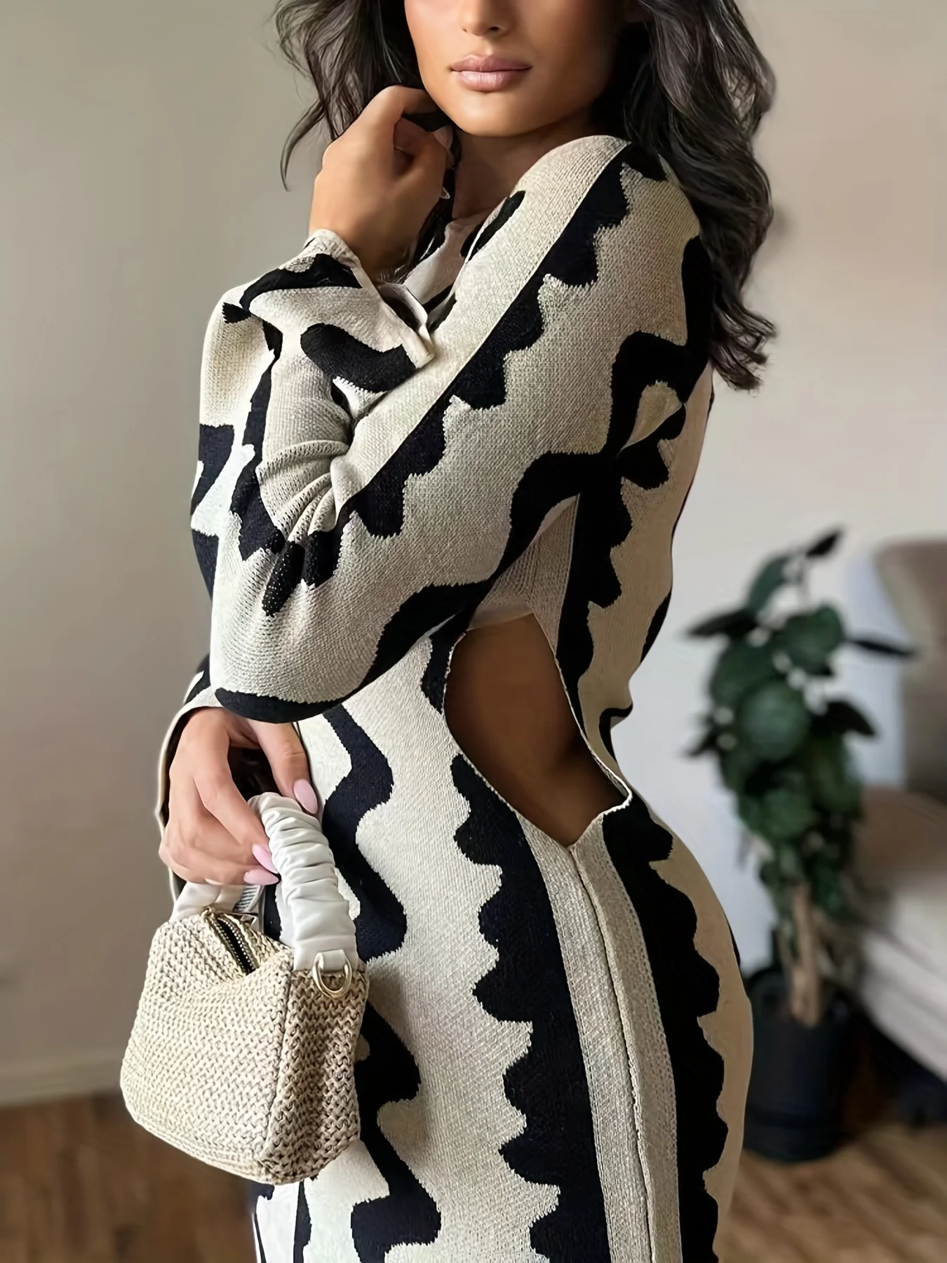 Striped Bodycon Sweater Flare Long Sleeve Dress, Cut Out Long Sleeve Casual Dress, Women's Clothing - Deanwangkt