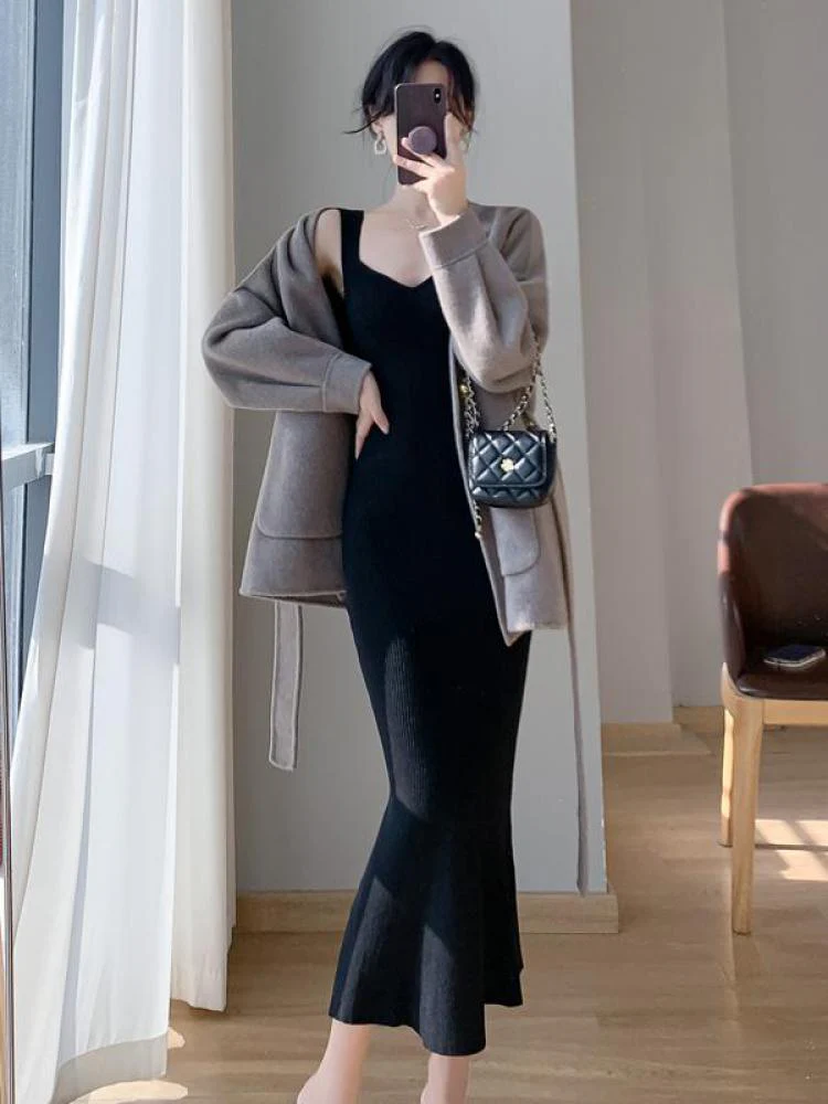deanwangkt Korea Summer New Women White Elegant V-neck Knit Slip Long Dress French Black Sexy Club Slim Prom Evening Party Fishtail Dresses - Deanwangkt
