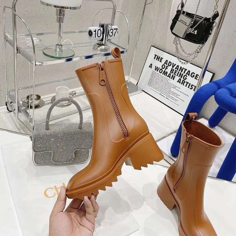 DEANWANGKT  New Square Toe Rain Boots For Women Chunky Heel Thick Sole Ankle Boots Designer Chelsea Boots Ladies Rubber Boot Rain Shoes - Deanwangkt