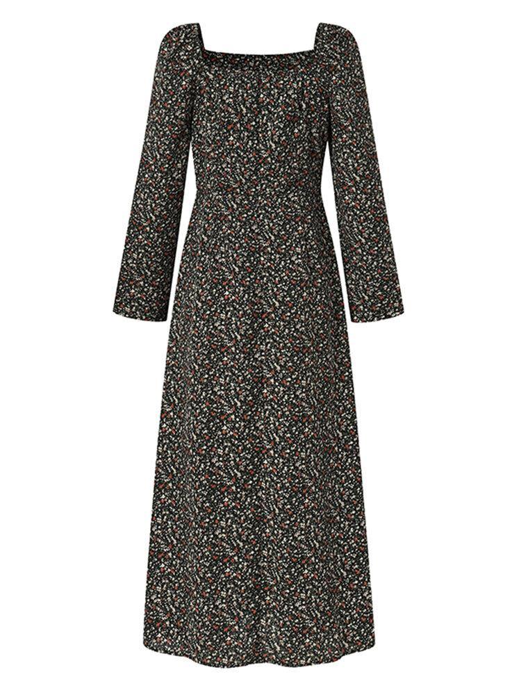 deanwangkt Women Square Neck High Split Floral Print Long Sleeve Casual Slim Fit Midi Dress - Deanwangkt