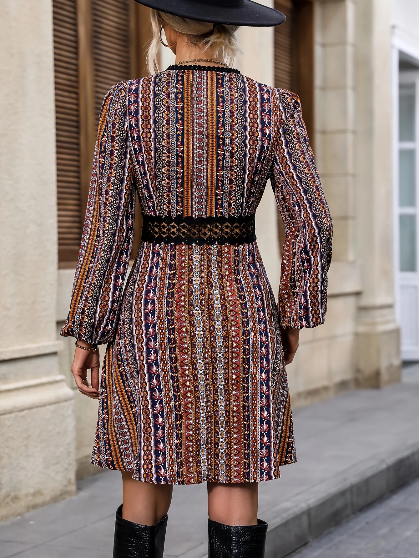 Contrast Lace Striped Dress, Elegant V Neck Long Sleeve Dress, Women's Clothing - Deanwangkt