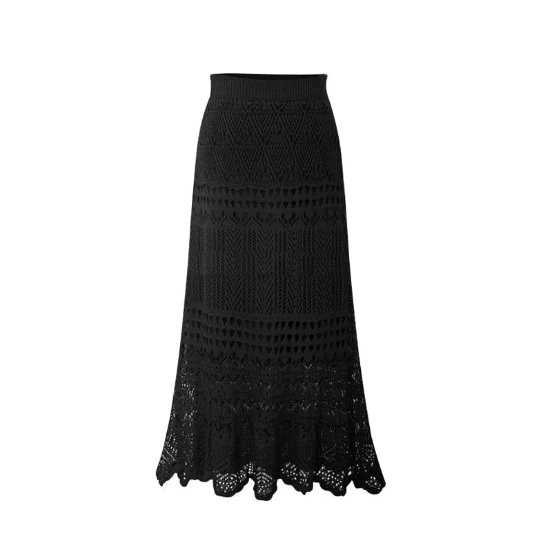 deanwangkt   Korean  New Women Knitting Long Skirts High Waist Flower Hollow Knitted Female Classic Loose Large Long Skirt - Deanwangkt