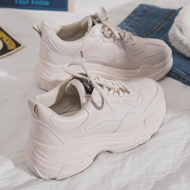 deanwangkt White Women Shoes New Chunky Sneakers For Women Lace-Up White Vulcanize Shoes Casual Fashion Dad Shoes Platform Sneakers Basket - Deanwangkt