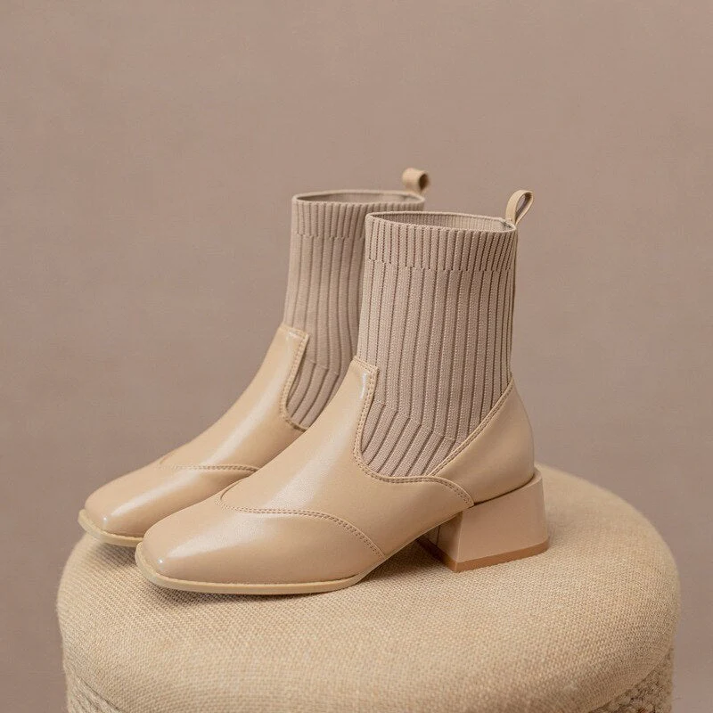 deanwangkt Autumn Winter New Ankle Socks Shoes Women Fashion Large Size  Knitted Short Boots Women Slip On High Heels - Deanwangkt
