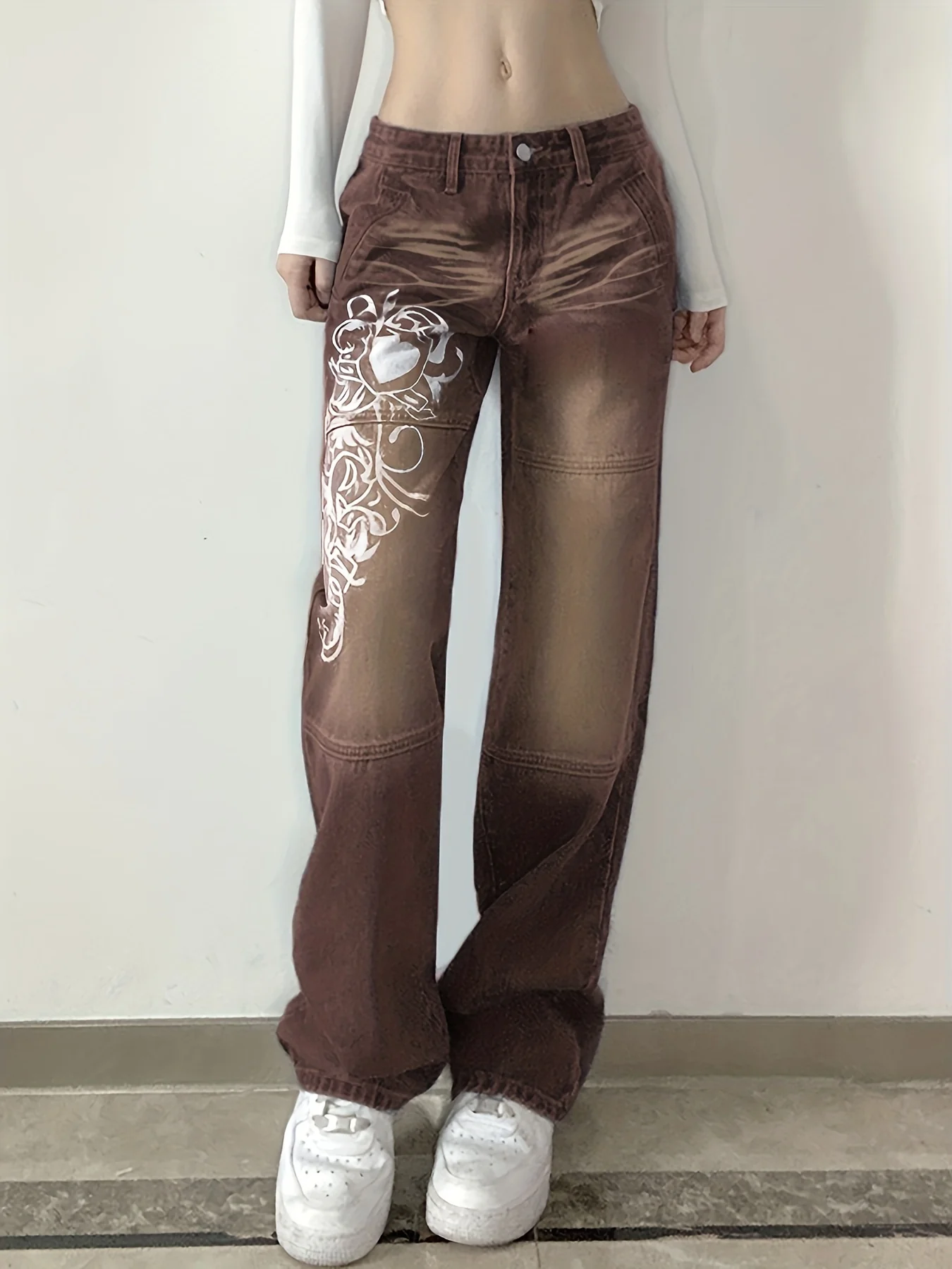 White Floral Print Thigh High Rise Loose Baggy Fit Straight Lets Plicated Hem Sectional Design High Waist Boyfriend Jeans, Women's Denim Jeans, Women's Clothing - Deanwangkt