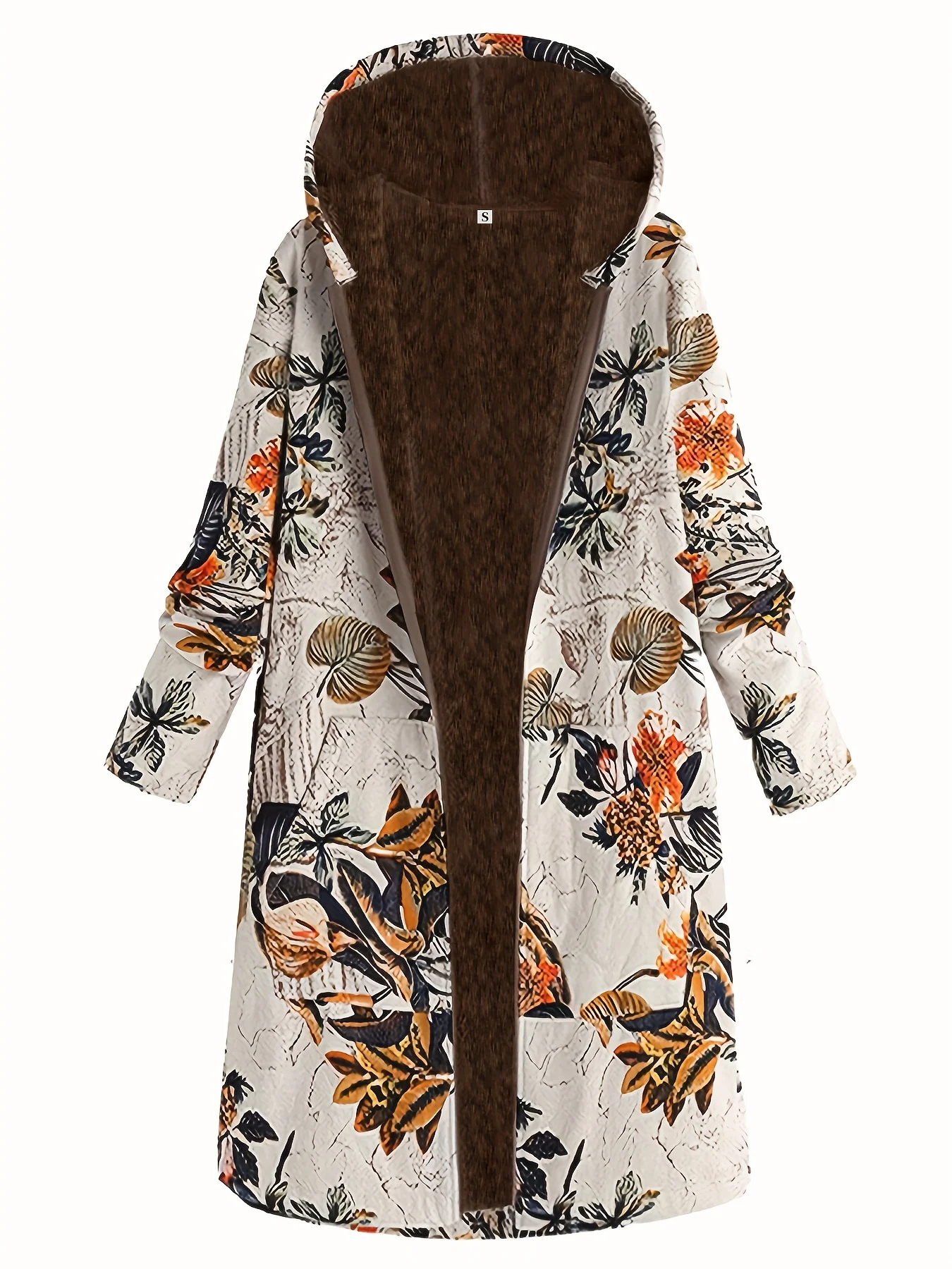 deanwangkt Floral Print Pocket Hooded Coat, Casual Longline Long Sleeve Thermal Coat For Fall & Winter, Women's Clothing - Deanwangkt