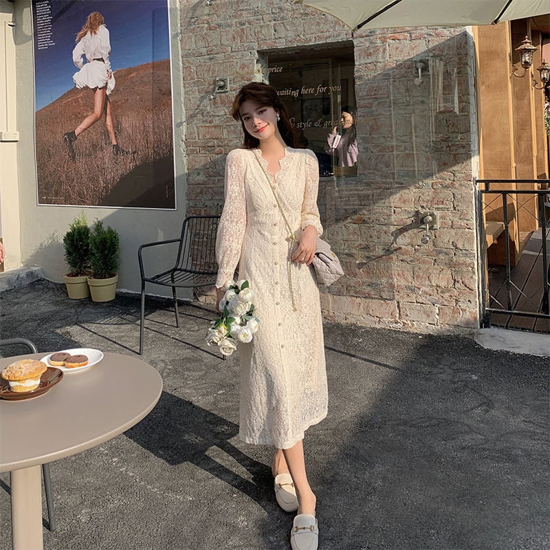 deanwangkt Elegant Lace Long Sleeve Midi Dress Winter White Women V-neck Korean Dress Spring One-piece Evening Lady Party Fairy Dress - Deanwangkt