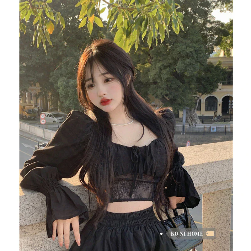 deanwangkt Korean Chic Elegant Lace Sweet Women Blouses Vintage O Neck Long Sleeve Perspective Female Shirts OL Blusas Mujer - Deanwangkt