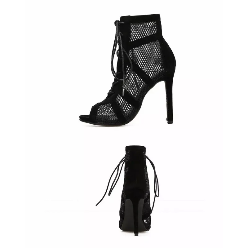 deanwangkt New Fashion Show Black Net Fabric Cross Strap Sexy High Heel Sandals Woman Shoes Pumps Lace-up Peep Toe Sandals Casual Mesh - Deanwangkt