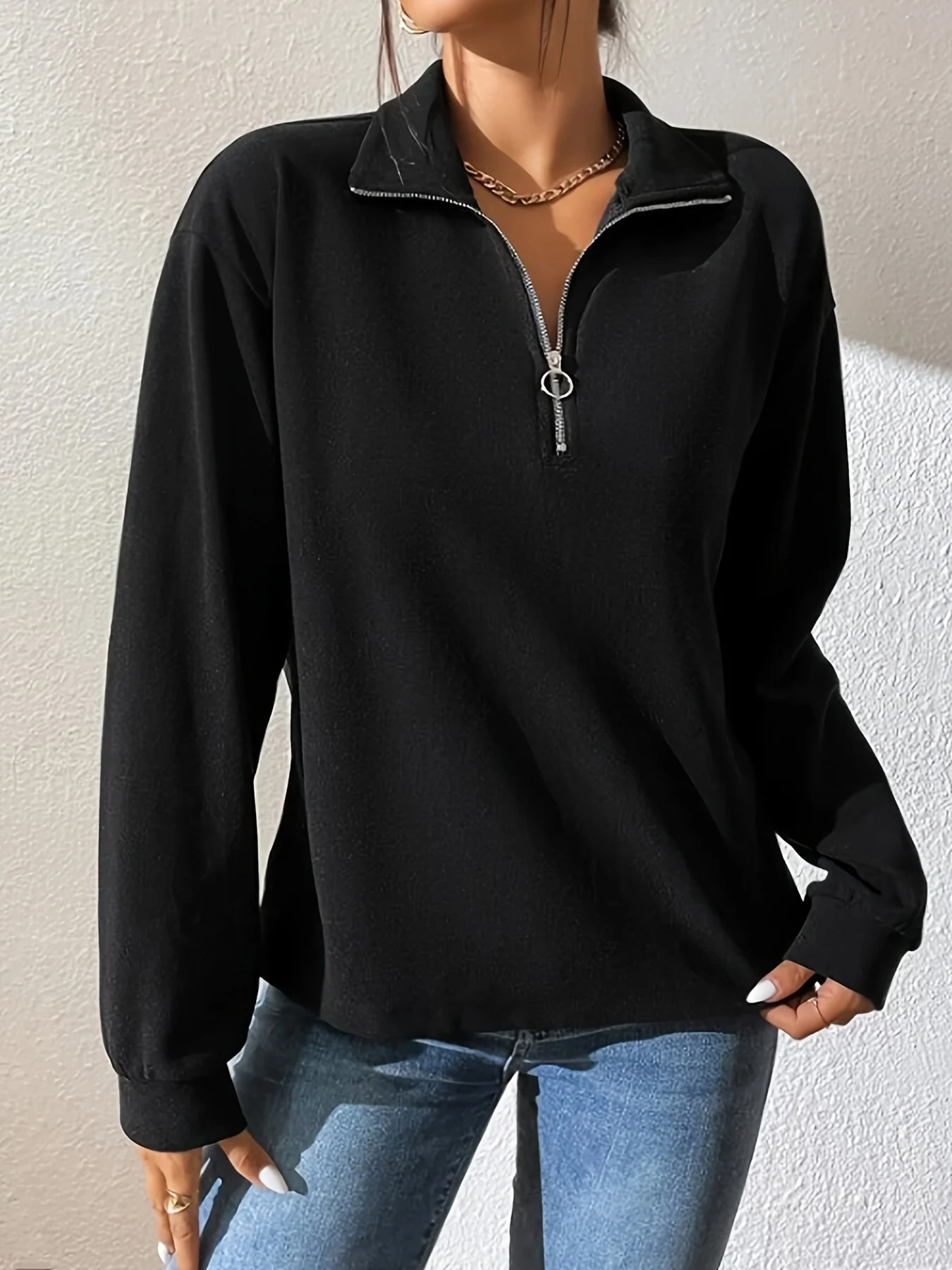 Quarter Zip Lapel Pullover Sweatshirt, Casual Long Sleeve Sweatshirt For Fall & Winter, Women's Clothing - Deanwangkt