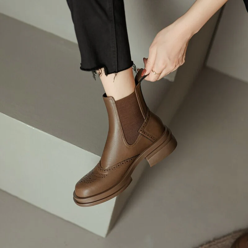 deanwangkt Autumn Boots  Women Shoes Round Toe Chelsea Boots for Women Split Leather Brogues Winter Chunky Heel Ankle Boots Black Motorcycle Boots - Deanwangkt