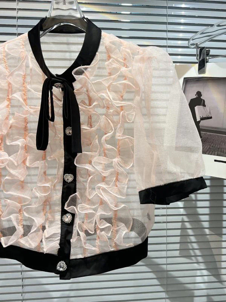 deanwangkt Patchwork Bowknot Ruched Shirt For Women Stand Collar Puff Sleeve Summer Blouses Female Fashion Clothing Style New - Deanwangkt