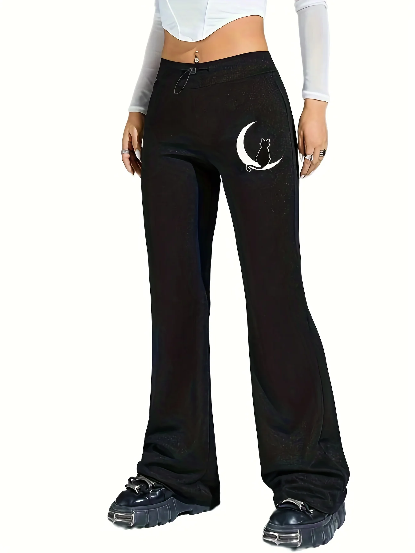 deanwangkt Plus Size Casual Pants, Women's Plus Cat & Moon Print Flared Leg Drawstring Skinny Pants - Deanwangkt