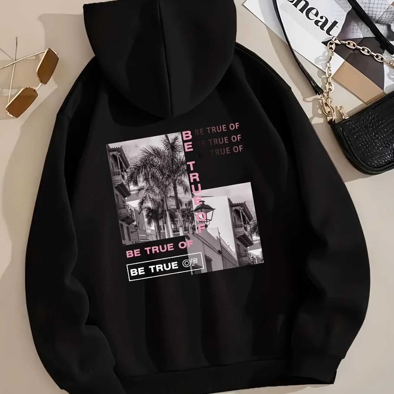 deanwangkt-1  Building Tree Graphic Long Sleeve Fleece Hooded Sweatshirts, Letter Print Drawstring Sports Hoodie With Front Pocket, Women's Sporty Sweatshirts - Deanwangkt