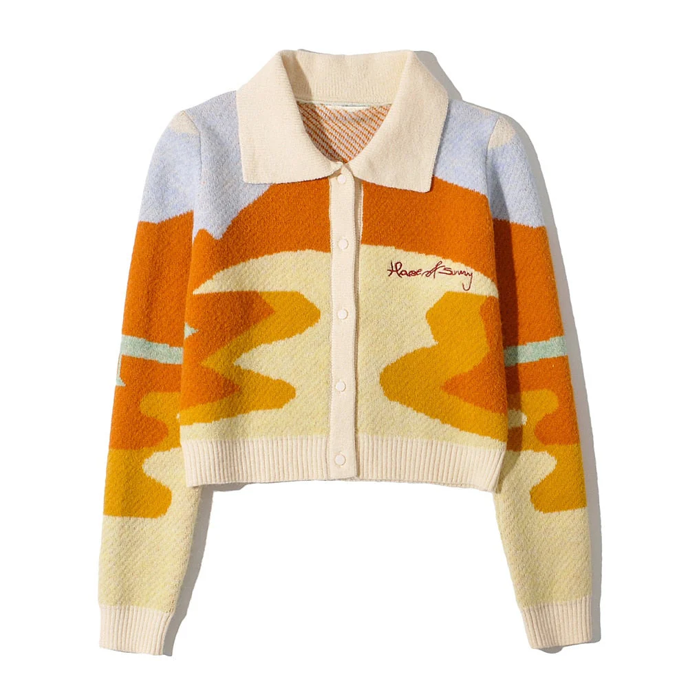 deanwangkt Women Winter Cardigans With Turn-Down Collar Seaside Scenery Print Long Sleeve Knitted Outwear Green Yellow Coat - Deanwangkt