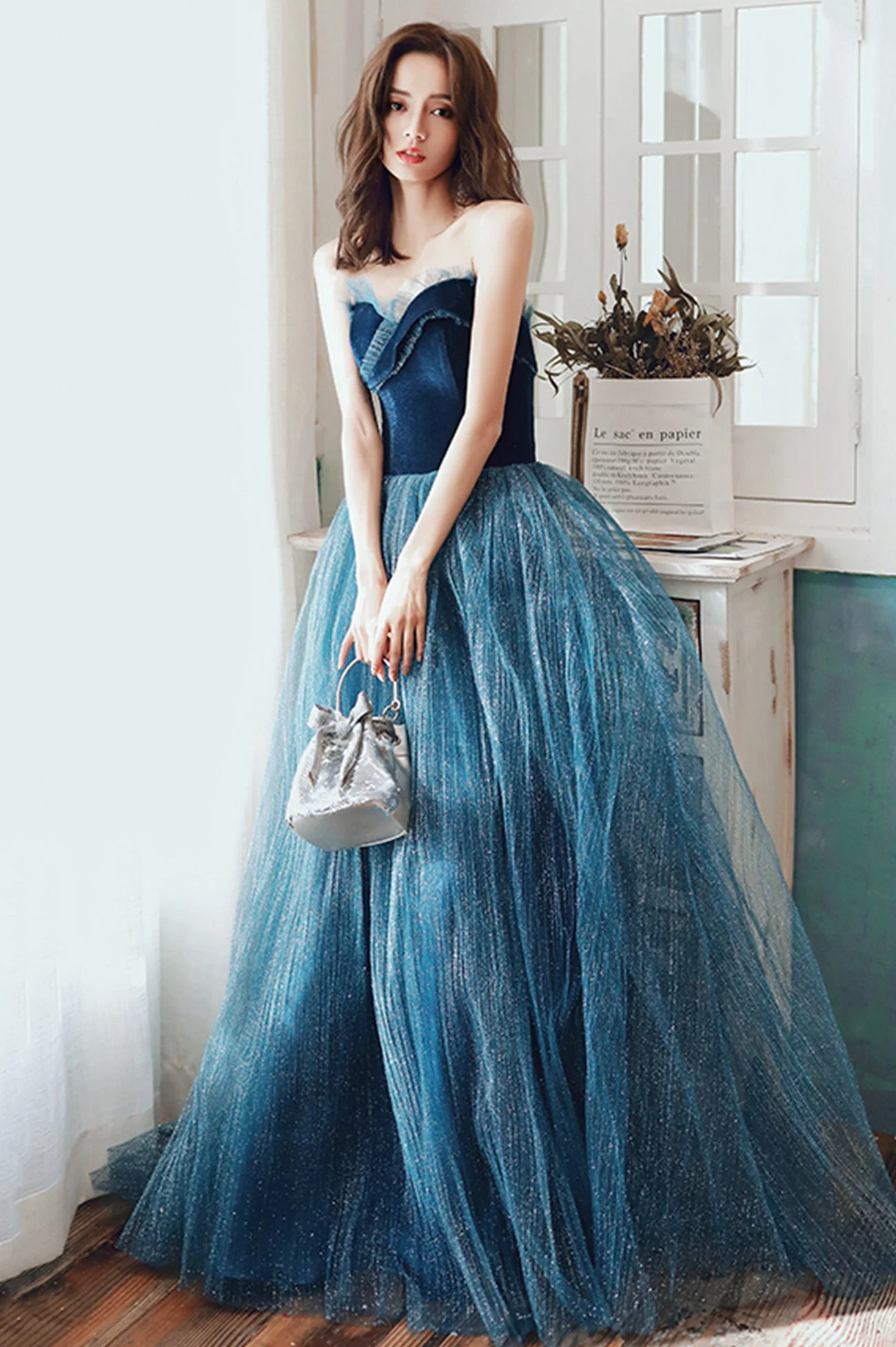 solvbao Blue Velvet Tulle Long Formal Evening Dresses, A-Line Graduation Dresses - Deanwangkt