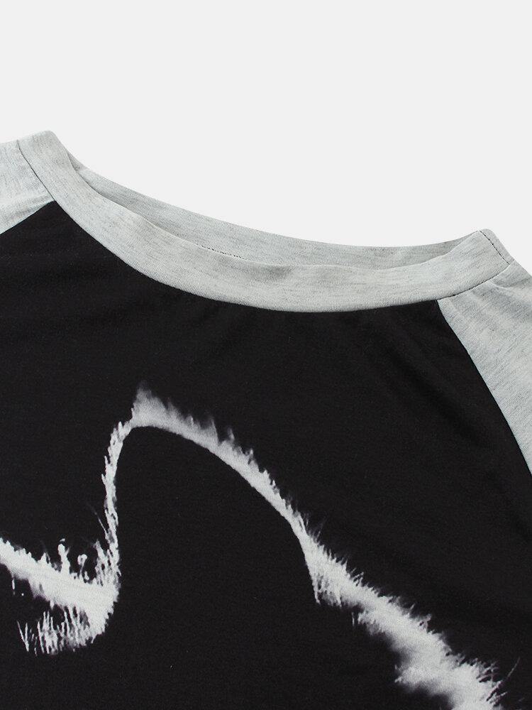deanwangkt Women Cat Print Round Neck Casual Raglan Sleeve Blouses - Deanwangkt