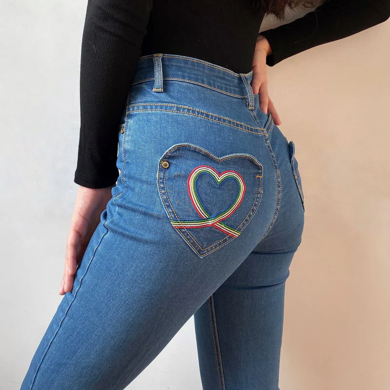 deanwangkt - Rainbow Love Heart Bell Bottom Jeans ~ HANDMADE - Deanwangkt