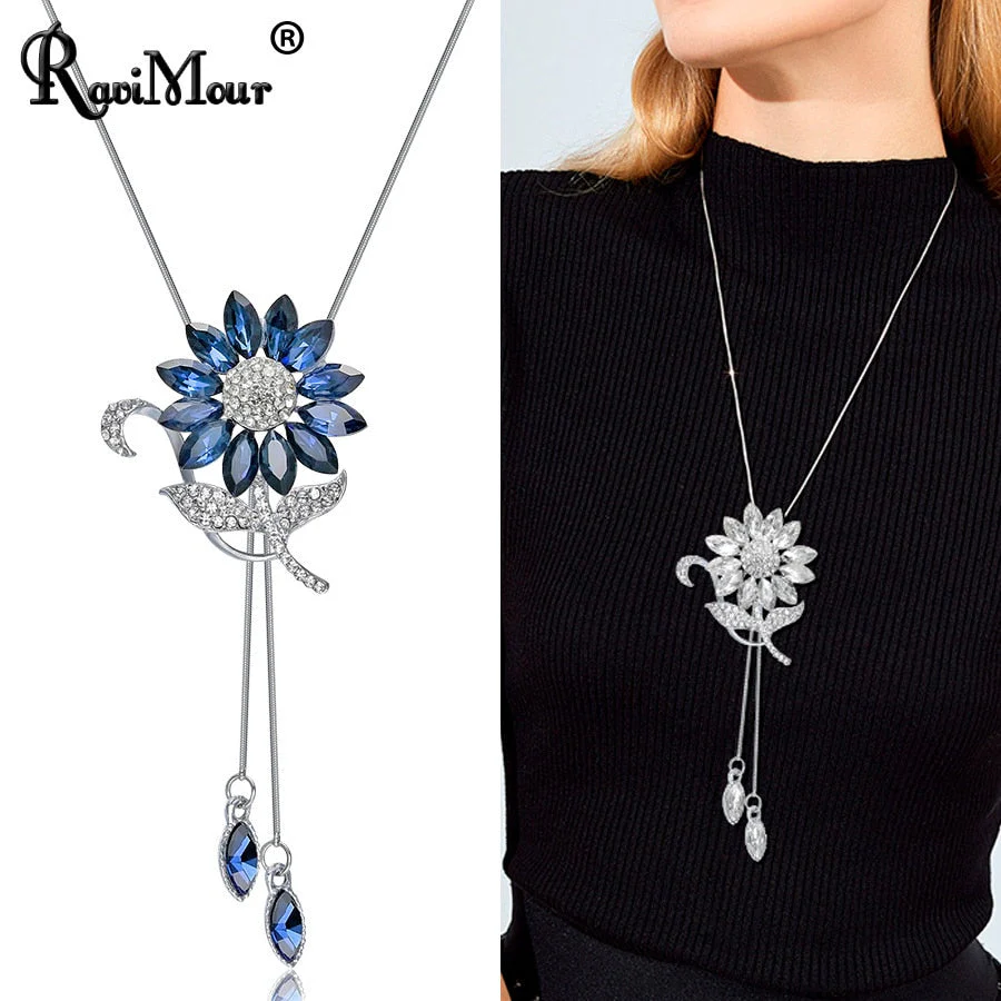 DEANWANGKT Sunflower Crystal Pendant Necklace Women Fashion Blue White Rhinestone Long Chain Necklaces & Pendants Jewelry - Deanwangkt