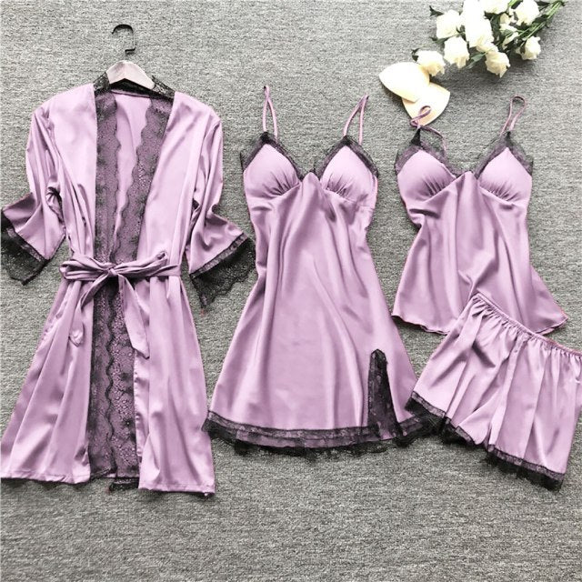 deanwangkt 4 Pieces  Women Pajamas Sets Satin Sleepwear Silk Nightwear Pyjama Soild Strap Lace Sleep Lounge Pijama With Chest Pads - Deanwangkt
