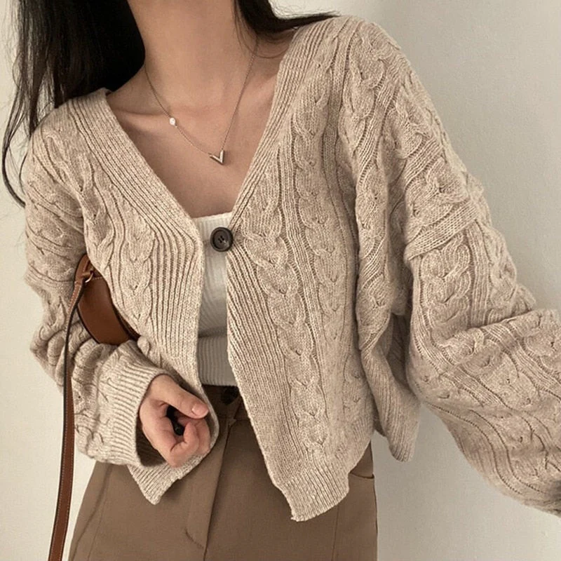 Autumn and Winter Long Sleeve Short Sweater Jacket Vintage V-Neck Knitted Cardigan Korean Chic Button Sweater Coat Women - Deanwangkt